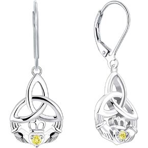 JO WISDOM Women Claddagh Earrings,925 Sterling Silver Irish Celtic Claddagh Love Heart Drop & Dangle Leverback Earrings
