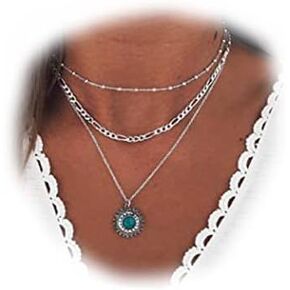 Chennie Boho Layered Necklaces Silver Turquoise Pendant Necklace Handmade Beach Chain Jewelry for Women and Girls