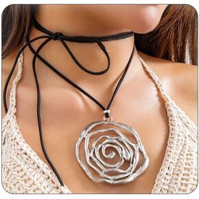 Asphire Gothic Metal Hollow Rose Charm Pendant Choker Necklace Black Long Wrap Choker Necklace Vintage Rose Flower Jewelry for Women and Girls