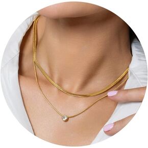 Gold Layered Necklaces for Women Girls, 14K Real Gold Plated CZ Pendant Necklace, Dainty Flat Snake Chain Layering Choker Necklace for Gift