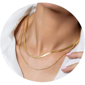 Gold Layered Necklaces for Women Girls, 14K Real Gold Plated CZ Pendant Necklace, Dainty Flat Snake Chain Layering Choker Necklace for Gift