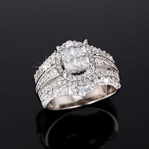 Ganquya 18K White Gold Plated Artificial Diamond Cubic Zirconia Halo Wedding Ring Set, Flash Wide Band Face Ring Eternity Engagement Promise Ring(7)