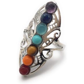 Healing Hollow Stones Adjustable 7 Chakra Ring Reiki Gem Jewelry for Women