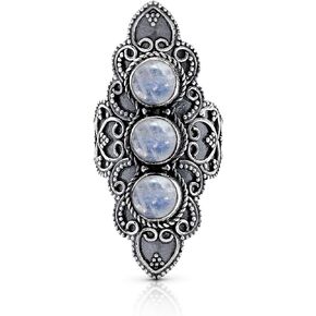 Round Moonstone 3 Stones 925 Sterling Silver Ring - Delicate BOHO Chic Jewelry - Fashionable and Stylish for Girls and Women with Velvet Gift Bag / Box - Made by Indian Artisans - Size 6-10 By Koral Jewelry