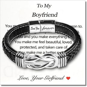 Mens Gift Leather Infinity Bracelet, Braided Black Leather Bracelet Stainless Steel Engraved with Love You Forever Jewelry Gifts for Dad Husband Brother Boyfriend Son 7.5/8/9 Inches