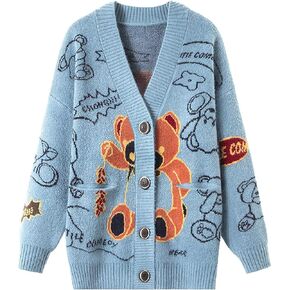 ebossy Women's Cute Cartoon Bear Embroidery Slouchy Jacquard Knit Cardigans Lightweight Wool Blend Sweater Jacket