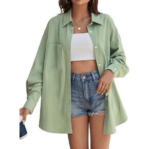 OYOANGLE Women's Outfits Top Loose Casual Button Down Long Sleeve Pocket Oversized Blouse Shirt