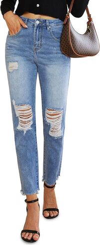 Genleck Womens Stretch Ripped Jeans Distressed High Waisted Mom Jeans Frayed Raw Hem Denim Pants with Holes in Kuwait