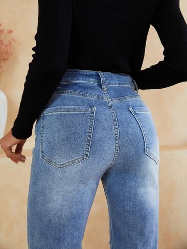 Genleck Womens Stretch Ripped Jeans Distressed High Waisted Mom Jeans Frayed Raw Hem Denim Pants with Holes in Kuwait