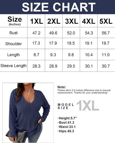 Koscacy Women Plus Size Casual Knit Sweater V Neck Solid Color Tops Lightweight Long Sleeve Blouses in Kuwait