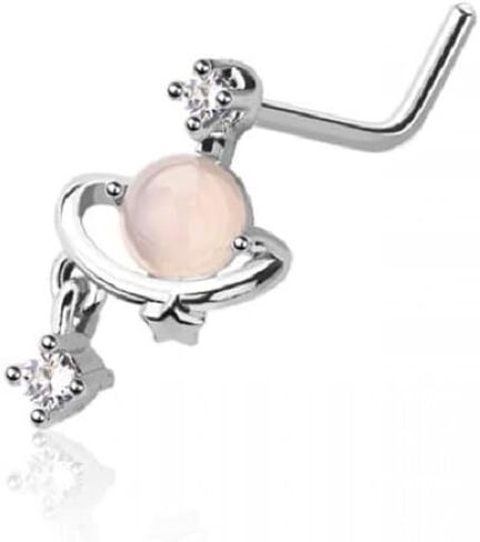 Pierced Owl 20GA Stainless Steel Planet with Dangling Gem L-Bend Nose Stud, Metal, cubic zirconia in Saudi Arabia