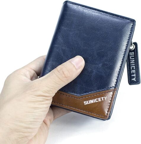 SUMGOGO محفظة رجالية جلدية RFID حامل بطاقات بسحاب حول جيب العملة محافظ صغيرة ثنائية الطي للرجال والأولاد والابن محفظة قصيرة (أزرق) in Kuwait