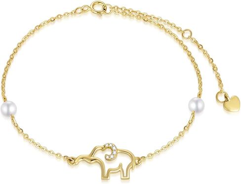 10k Gold Diamond Elephant Bracelet for Women, Real Gold Pearl Lucky Jewelry Bracelets Gifts for Sister/ Wife /Girlfriend, Present for Her, 6.4"+1"+1", Metal, Pearl in Saudi Arabia