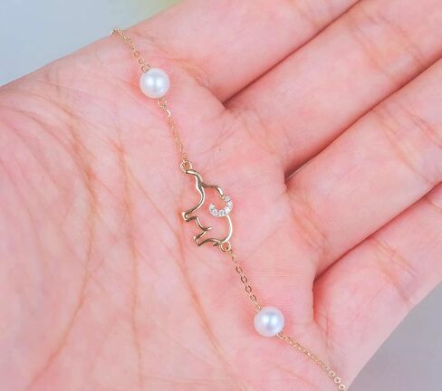 10k Gold Diamond Elephant Bracelet for Women, Real Gold Pearl Lucky Jewelry Bracelets Gifts for Sister/ Wife /Girlfriend, Present for Her, 6.4"+1"+1", Metal, Pearl in Saudi Arabia