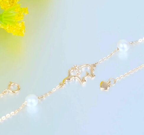 10k Gold Diamond Elephant Bracelet for Women, Real Gold Pearl Lucky Jewelry Bracelets Gifts for Sister/ Wife /Girlfriend, Present for Her, 6.4"+1"+1", Metal, Pearl in Saudi Arabia