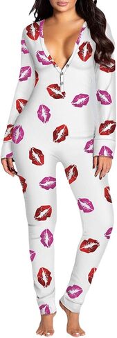 Shbidsxia Womens Christmas Romper Pajamas Long Sleeve V-Neck One Piece Sleepwear Button Back Flap Bodycon Bodysuit in Kuwait