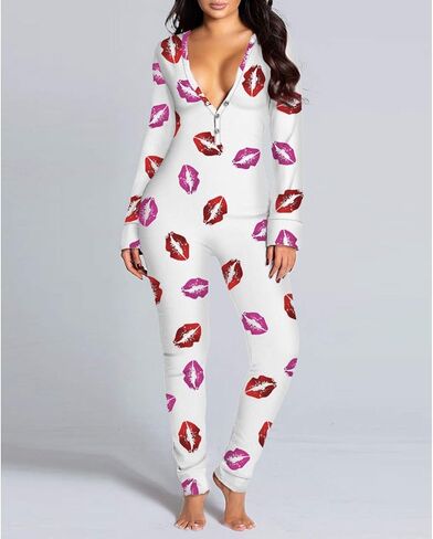 Shbidsxia Womens Christmas Romper Pajamas Long Sleeve V-Neck One Piece Sleepwear Button Back Flap Bodycon Bodysuit in Kuwait