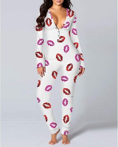 Shbidsxia Womens Christmas Romper Pajamas Long Sleeve V-Neck One Piece Sleepwear Button Back Flap Bodycon Bodysuit in Kuwait