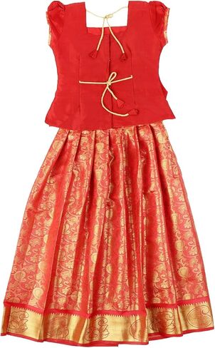 Girl's Pattu Pavadai Red Color Golden Border in Kuwait