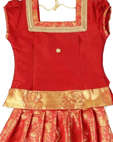 Girl's Pattu Pavadai Red Color Golden Border in Kuwait