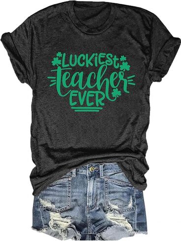 Luckiest Teacher Ever Shirt Women St Patricks Day T-Shirt Funny Teacher Gift Tee Causal Short Sleeve Tops in Kuwait