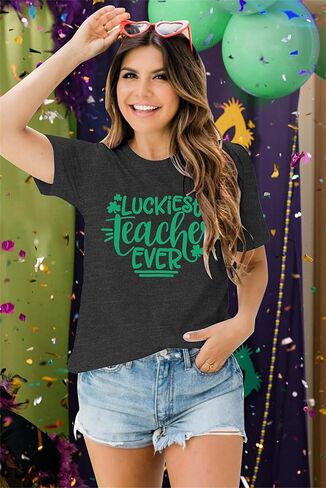 Luckiest Teacher Ever Shirt Women St Patricks Day T-Shirt Funny Teacher Gift Tee Causal Short Sleeve Tops in Kuwait