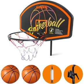 Jumpfly Trampoline Basketball Hoop, Basketball Hoop for Trampoline Fits for Straight Pole & Curved Pole, Trampoline Basketball Hoop Attachment with 2 Mini Basketballs & Pump