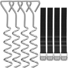 Trampoline Stakes Heavy Duty Trampoline Anchors Ground Anchors Stakes Kit High Wind Stakes Corkscrew Shape Steel Spiral Stakes Anchor Kit with Strong Belt Straps -Set of 4 Bonus 4 Strong Belt (Black)