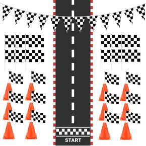 Pletpet Traffic Cones And Racing Checkered Flags, Race Car Party Decorations Include 24P Hand Held Checkered Flag 12P Mini Traffic Cones 1 Racetrack Floor Running 1 Hanging Racing Flags