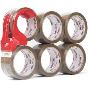 WELSTIK 3" Core, 6 Pack 2 inch x 60 Yards Heavy Duty Brown Packaging Tape with Dispenser, Industrial Shipping Box Transparent Packing Tape for Moving, Office, Home