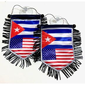 Cuban American mini banner sports flag for car and home decoration door window wall small flag hanging decor accessories sticks to glass quick easy (Cuba USA 01)