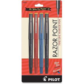 Pilot Razor Point Fine Line Marker Pens, Ultra-Fine 0.3mm Point, Black / Blue / Red, Pack of 4 (PIL 11045)