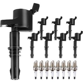 Ignition Coil Pack & Spark Plugs Replacement for 5.4 V8 2004 2005 2006 2007 2008 Ford Lincoln Expedition F150 F250 Super Duty Expedition Explorer Mustang 5.4L, FD508 DG511, Black Boot, Pack of 8