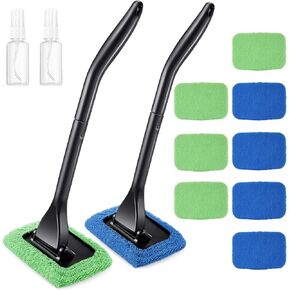 Frienda 2 Pack Windshield Cleaning Tool Windshield Cleaning Wand Auto Window Cleaner with Detachable Handle, 8 Pieces Reusable Cloth Pads and 2 Pieces Spray Bottles for Car Interior (Gray, Blue)