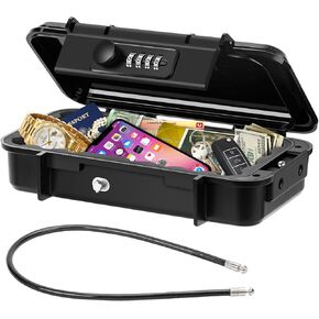 Portable Safe Box, Waterproof Anti-Theft Beach Travel Safe Box Combination Security Lockbox with Removable Wire Rope Portable Lock Box for Dorm, Hotel, Home, Office, Car