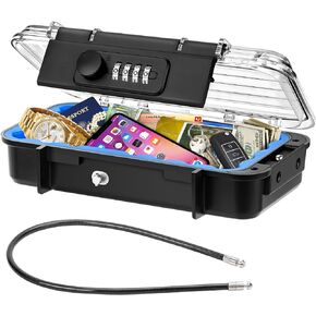 Portable Safe Box, Waterproof Anti-Theft Beach Travel Safe Box Combination Security Lockbox with Removable Wire Rope Portable Lock Box for Dorm, Hotel, Home, Office, Car