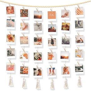 BIZYAC Hanging Photo Display with Clips Wall Boho Decor Beads Garland - Sculptural Picture Frames Collage - 30 Clothespins - 2 Non-Trace Hook - No Holes Drilling - 45 x 45 inch
