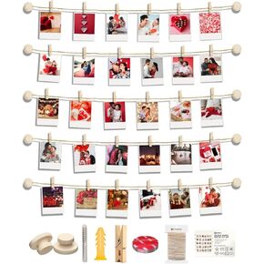 Polaroid Display Photo Hanging Clips String, Pictures Wall Decor Sculptural Picture Frames Holders 32 FT Hemp Rope + 30 Mini Clothes Pins + Self Adhesive Hooks + 2 Installation Methods
