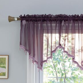 PearAge Beaded Sheer Valance Curtains for Living Room,Rod Pocket Farmhouse Window Valance, Bead Trim Tassel Voile Sheer Curtain Valance for Bedroom Bathroom Cafe 51x24 Inches (Beige) 1PC