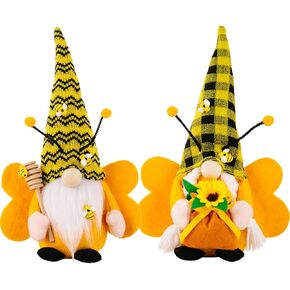 2Pcs Bumble Bee Gnomes Plush Decor,Handmade Summer Gnomes Sunflower Gnomes Decor, Mr and Mrs Honeybee Gnomes Plush Tomte Elf World Bee Day Decor Tiered Tray Décor