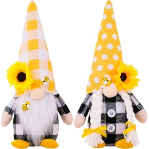 2Pcs Bumble Bee Gnomes Plush Decor,Handmade Summer Gnomes Sunflower Gnomes Decor, Mr and Mrs Honeybee Gnomes Plush Tomte Elf World Bee Day Decor Tiered Tray Décor