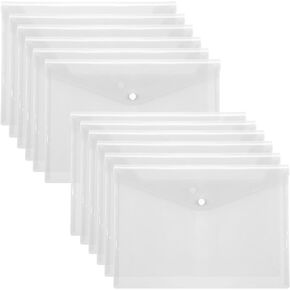 Toplive File Folders, 12 Packs Plastic Envelopes A4 Letter Size Waterproof Poly Envelopes Folders with Hook & Loop Fastener for Documents Office School Supplie, Transparent