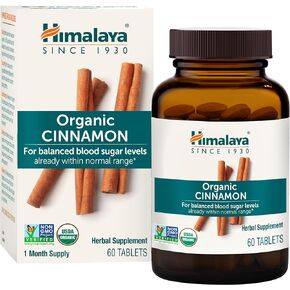 Himalaya Organic Cinnamon, for Glycemic Support, 1100 mg Daily, 60 Tablets, from Cassia Cinnamon Bark and Ceylon Cinnamon Extract, Non-GMO Project Verified, Vegan, Gluten Free Herbal Supplement