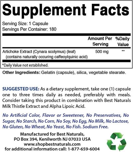 Best Naturals Artichoke Extract 10000 mg Equivalent - 3rd Party Lab Tested - 180 Capsules in Saudi Arabia