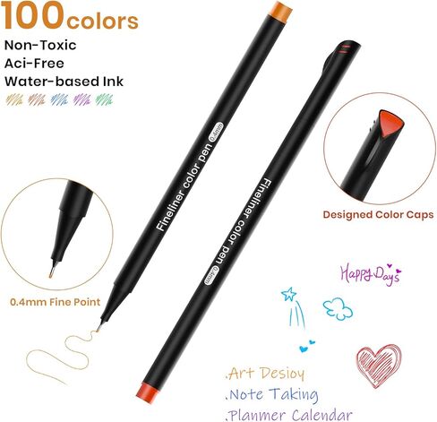 أقلام هيثرون ذات الرأس الرفيع - أقلام ملونة، أقلام تحديد للمجلات، أقلام مخططة للمذكرات اليومية، تدوين الملاحظات المكتبية، 100 لون in Kuwait