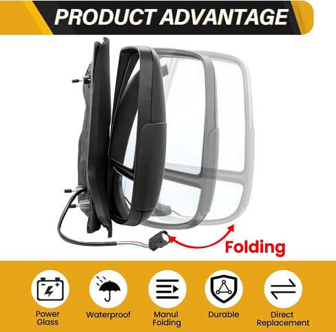 Mirror Assembly Compatible with Ford Transit 150 250 350 350HD 2015-2019 w/Medium, High Roof, Power Glass, w/o Power Fold, w/o Heat, CK4Z-17682-DC, Right Passenger Side in Saudi Arabia