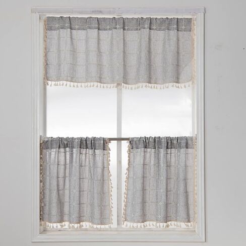 بوهو شرابة الستائر للنوافذ الحديثة مزرعة القطن الكتان ستائر المطبخ توبر البلد القماش القطني نافذة العلاجات الطبقة الستار للحمام غرفة نوم الديكورات (W52 × L18، تان) in Kuwait