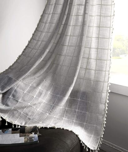 بوهو شرابة الستائر للنوافذ الحديثة مزرعة القطن الكتان ستائر المطبخ توبر البلد القماش القطني نافذة العلاجات الطبقة الستار للحمام غرفة نوم الديكورات (W52 × L18، تان) in Kuwait