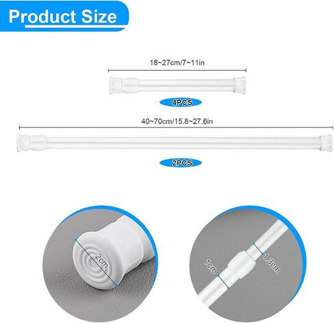 6 piece Tension Rod, Small Tension Rods for Windows，Sliding Door Security Bar,2 pieces of 15.8-27.6 inches and 4 pieces of 7-11 inches,No Drilling Adjustable for Wardrobe Bars, Bookcase (white) in Saudi Arabia