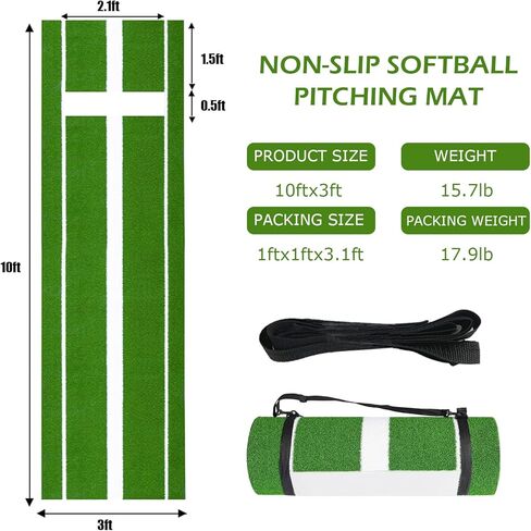 Softball Pitching Mat 10'x 3',Antifade Antislip Baseball Pitching Mat with Rubber Backing, Portable Artificial Turf Softball Pitching Mound for Indoor Outdoor Pitching Practice in Kuwait